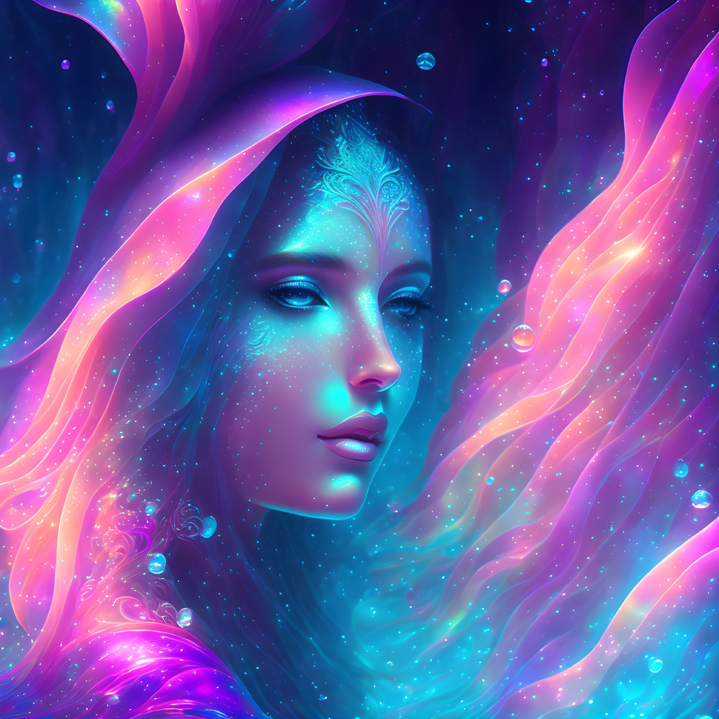 Vibrant cosmic colors in surreal portrait of a woman