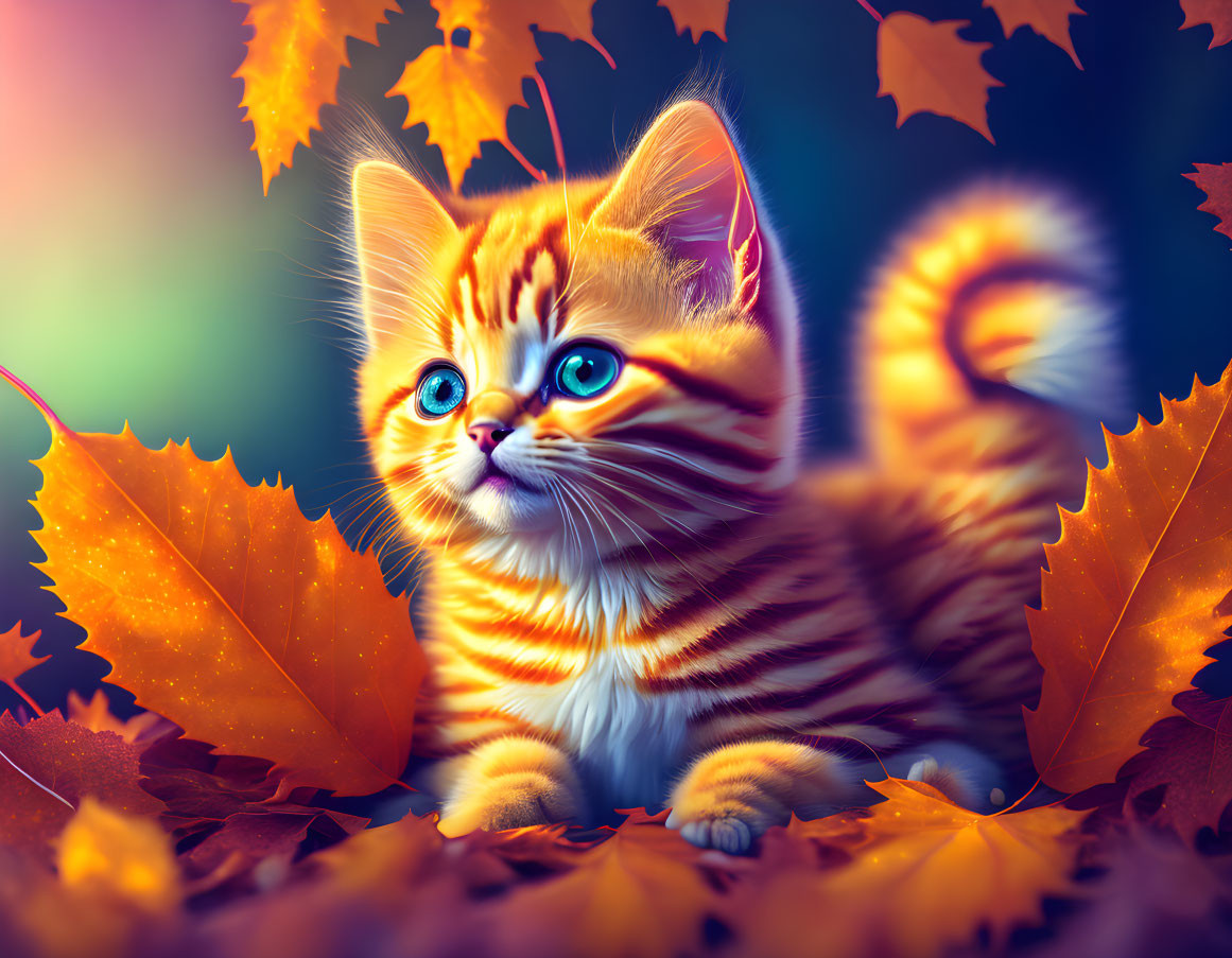 Orange Striped Kitten with Blue Eyes in Autumn Setting