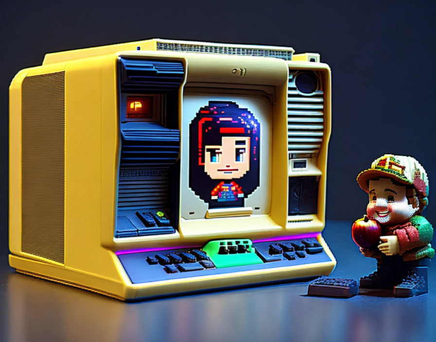 Vintage Computer Setup with Pixel Art Avatar and Gaming Character Figurine Holding Apple