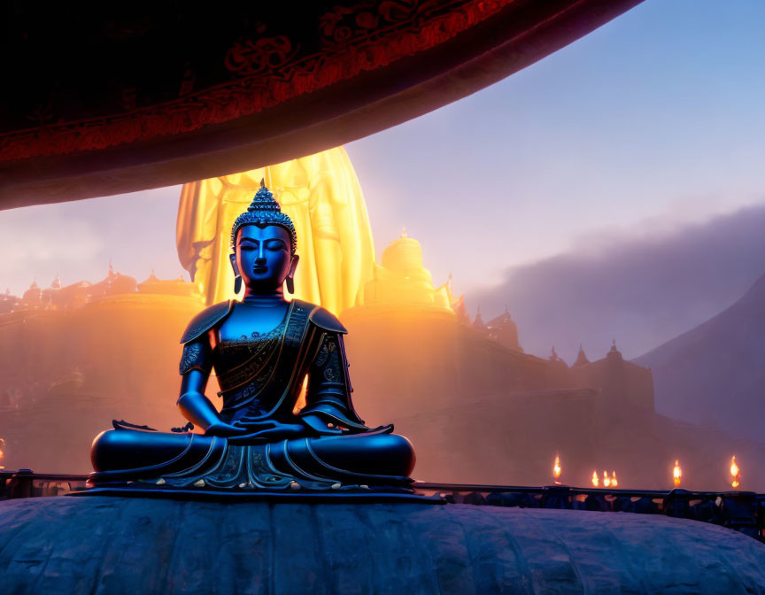 Serene Buddha statue in misty setting with candlelight and temple silhouettes