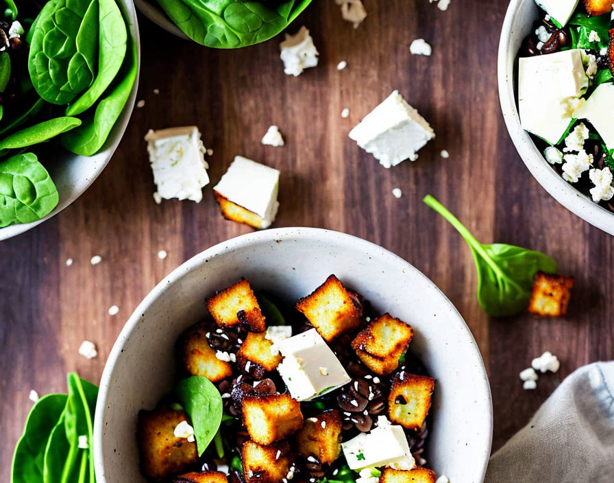 Spinach salad with feta cheese and croutons on wooden table