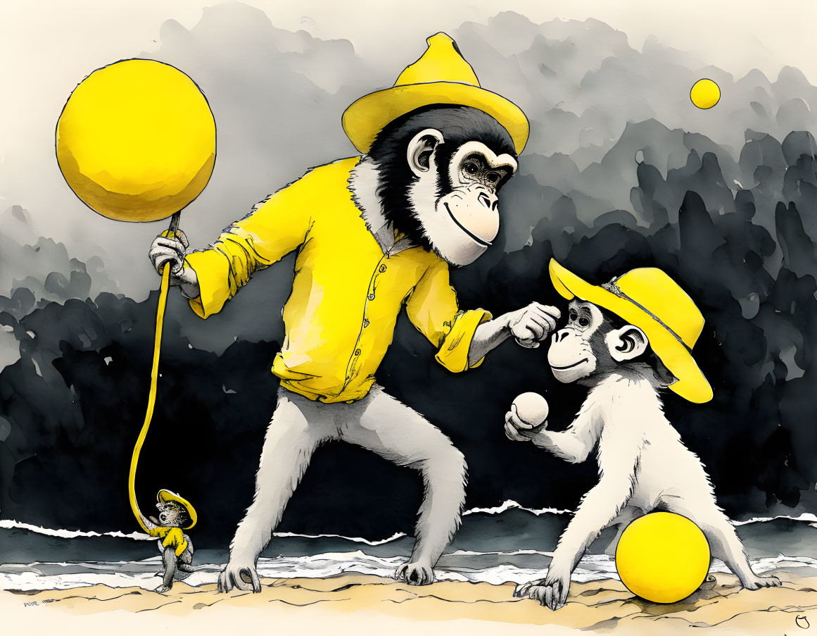 Illustration of three monkeys in yellow attire on grey beachscape