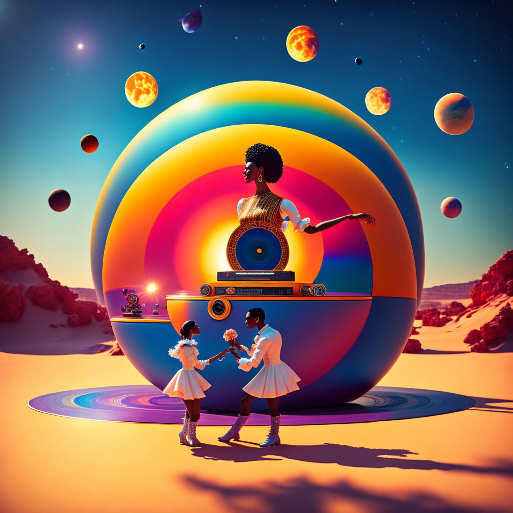 Surreal desert scene with woman DJ, dancing girls, giant speaker, and floating planets