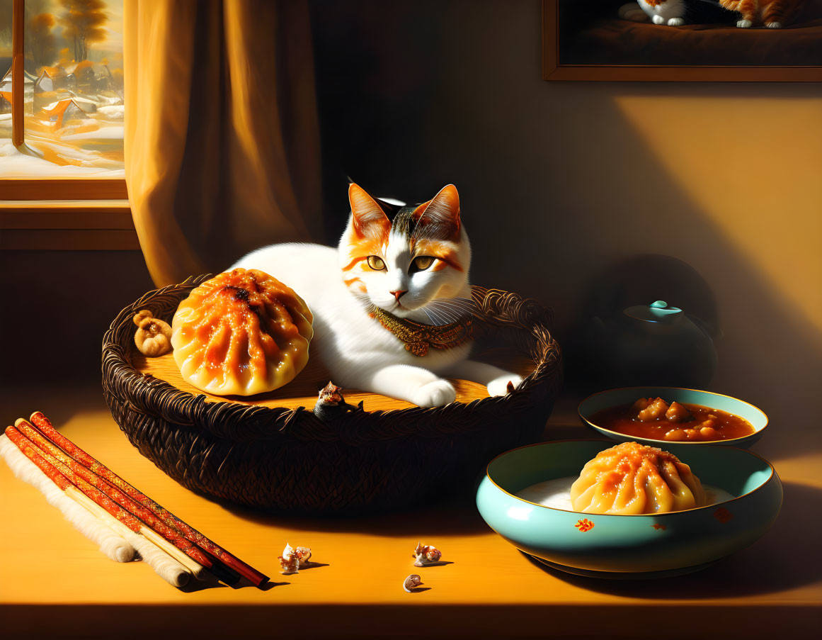 Calico Cat with Dumplings in Sunlit Setting