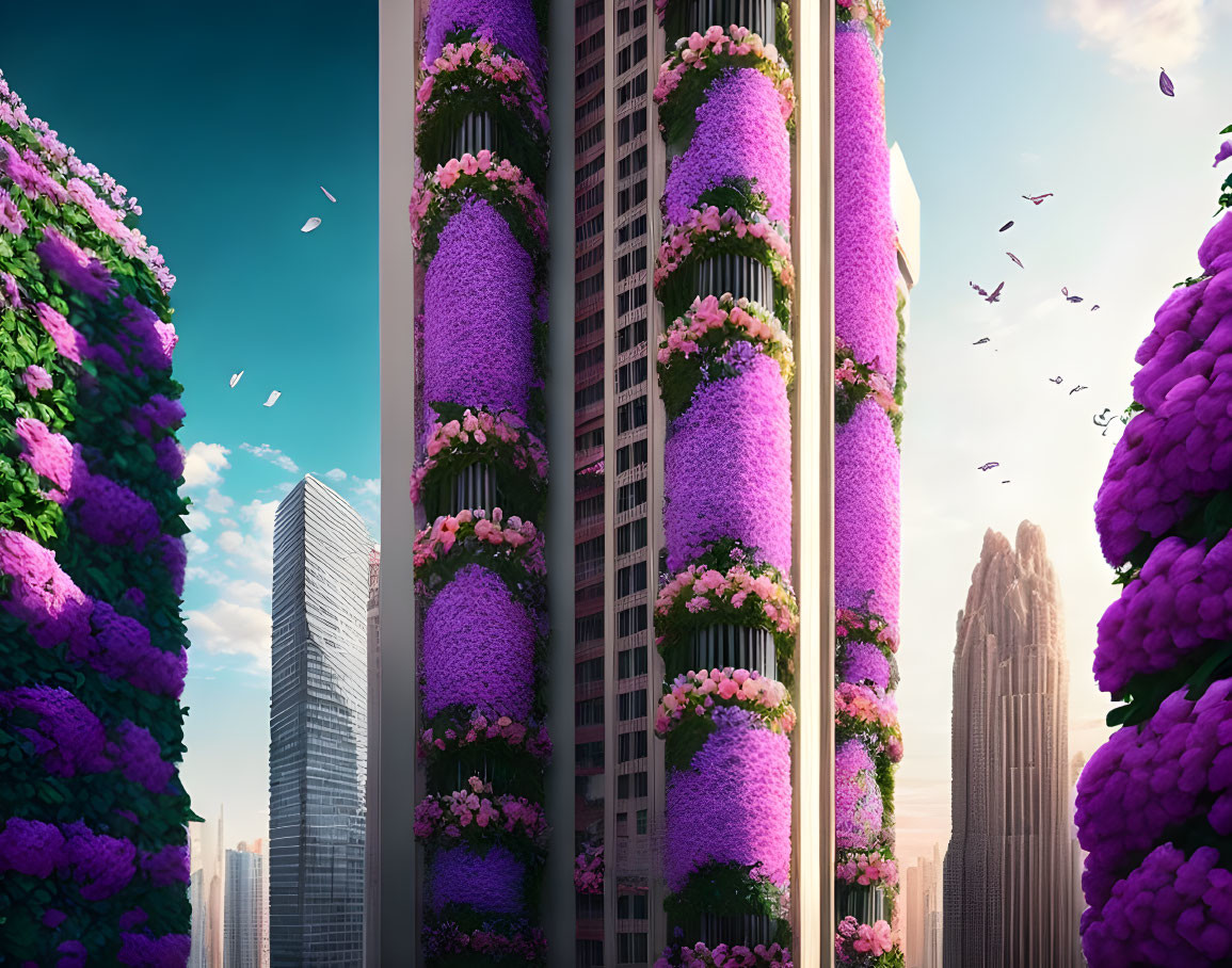 Digitally altered image of skyscrapers with purple vines in city skyline.