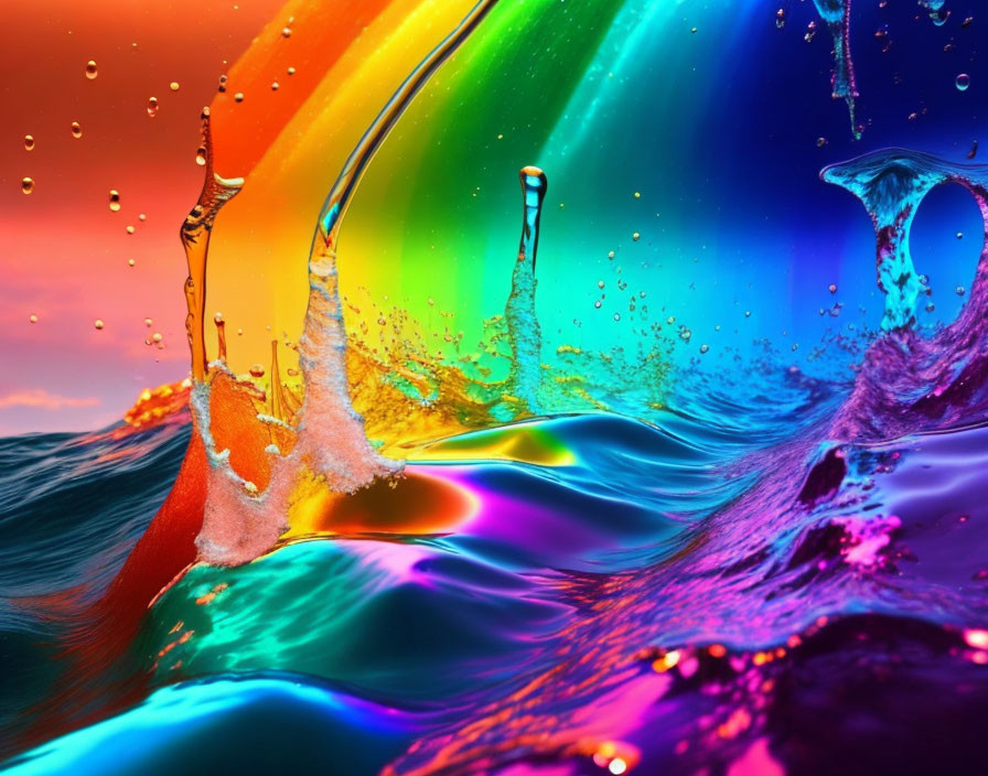 Colorful liquid splashes blend with surreal ocean wave and rainbow sky