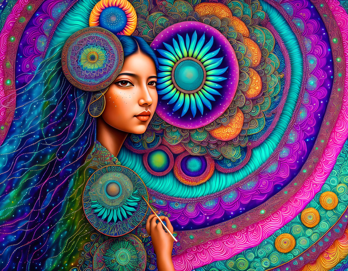 Colorful digital artwork: Woman with flowing hair and psychedelic mandala designs