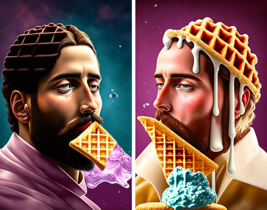 Split-image man with melting ice cream cone - stylized design