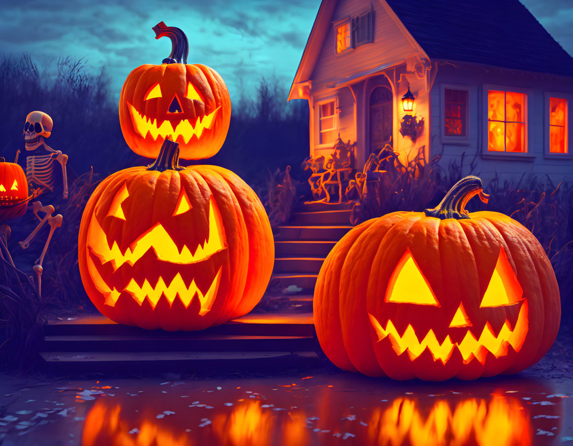 Jack-o'-lanterns, skeleton, haunted house in twilight portrait