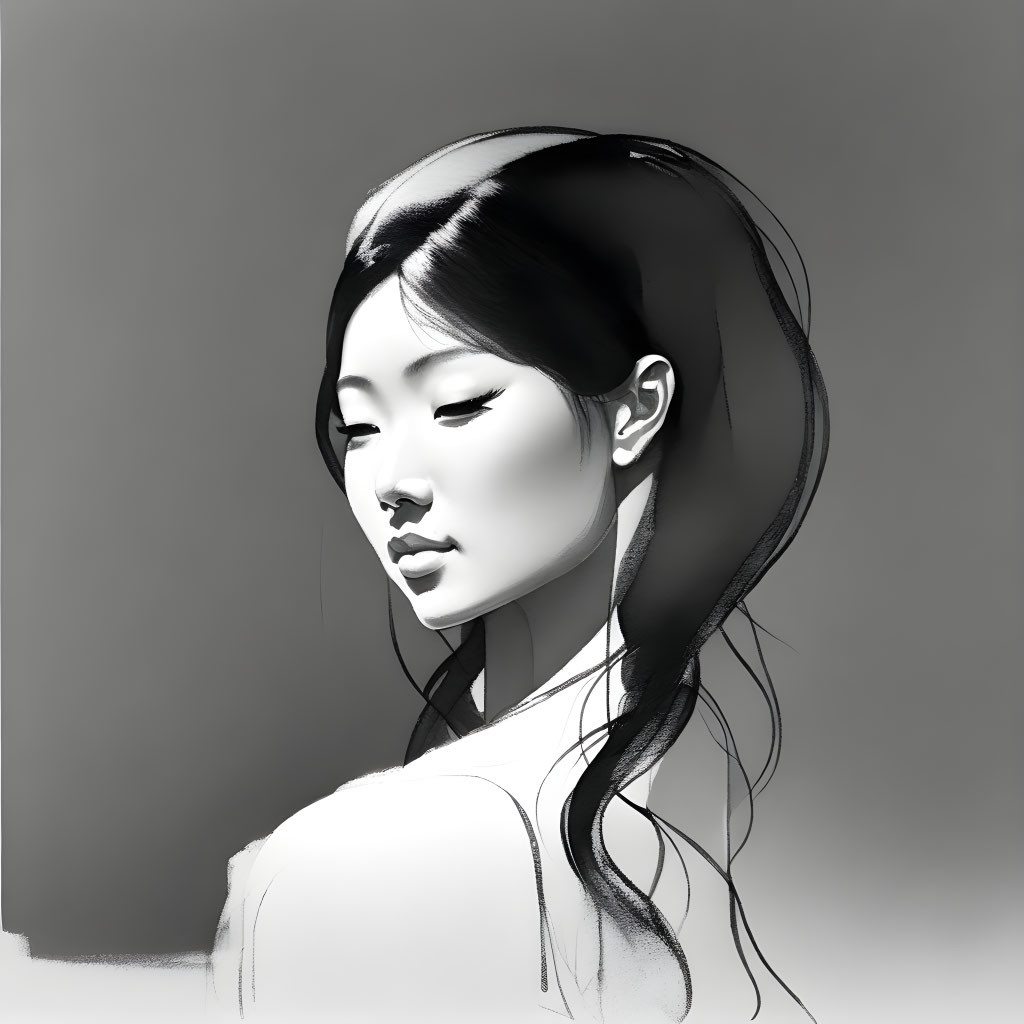 Monochrome digital portrait of a person with long hair and closed eyes