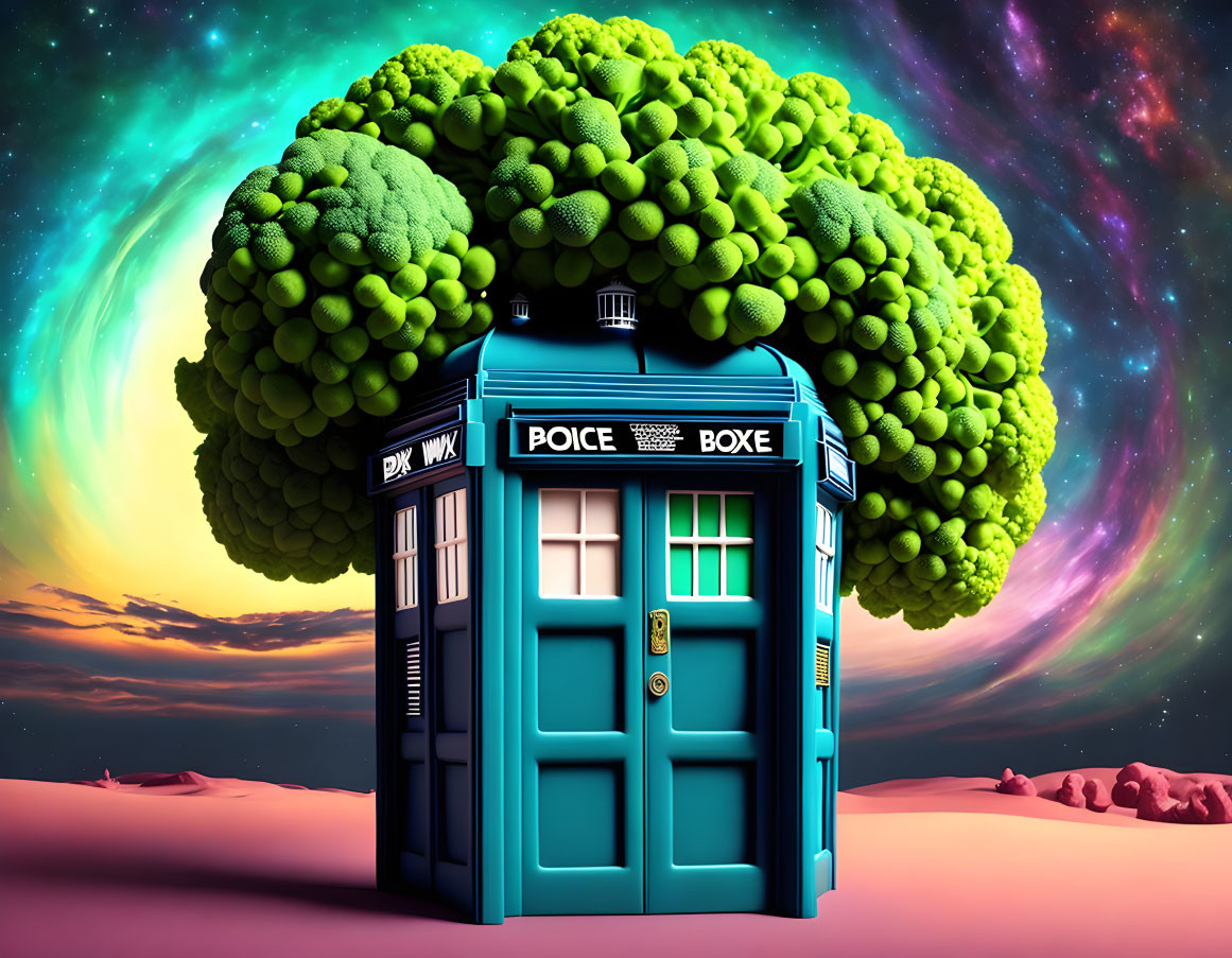 Colorful police box with oversized broccoli crown in surreal sky