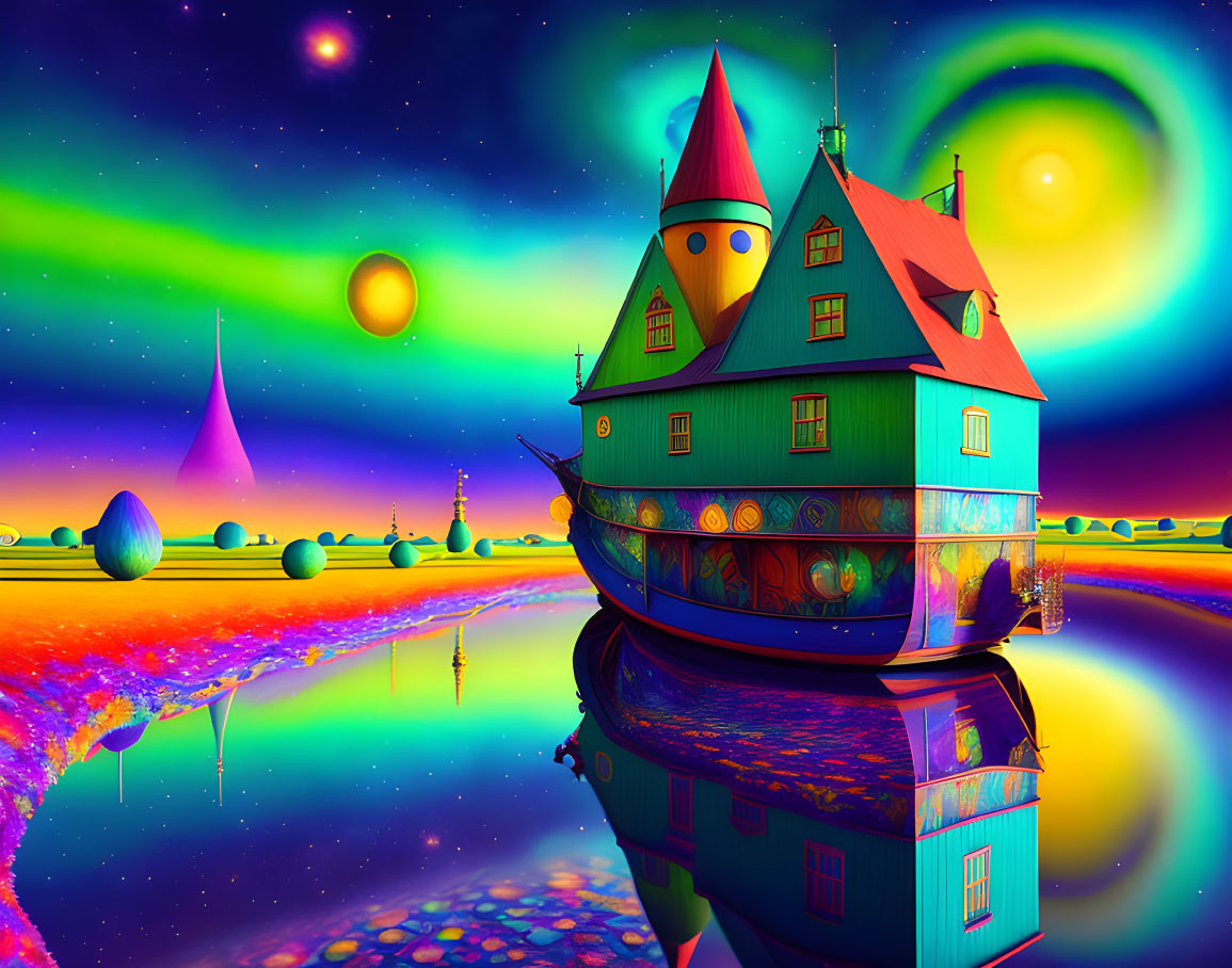 Colorful whimsical house with pointed roofs reflected in water under a bright, psychedelic sky with multicol