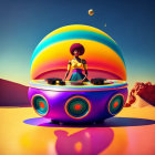 Surreal desert scene with woman DJ, dancing girls, giant speaker, and floating planets