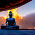 Serene Buddha statue in misty setting with candlelight and temple silhouettes