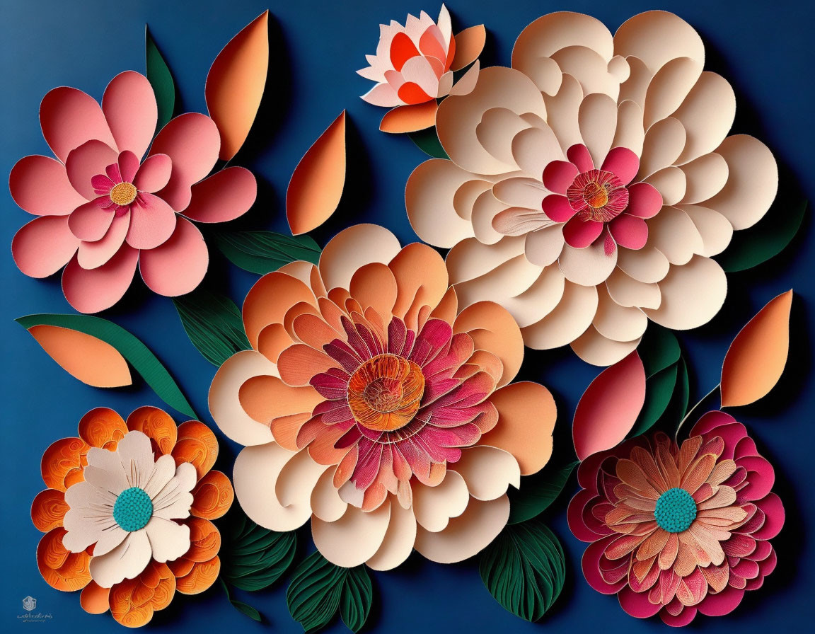 Layered multi-colored paper flowers and leaves on blue background