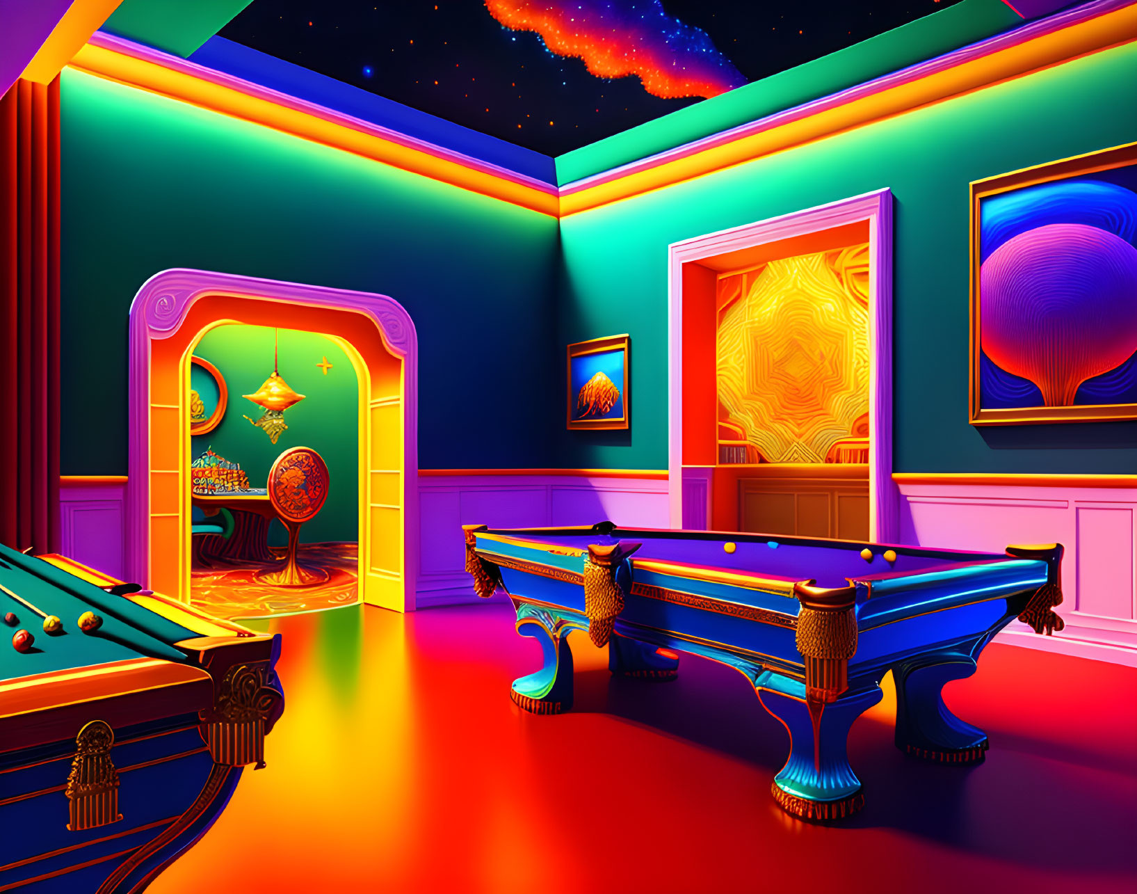 Colorful Room with Pool Table, Psychedelic Art, and Cosmic Lighting