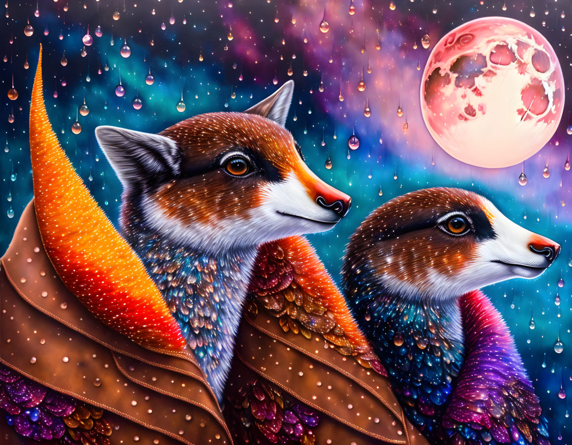 Colorful Fox Illustration Under Starry Sky with Pink Moon