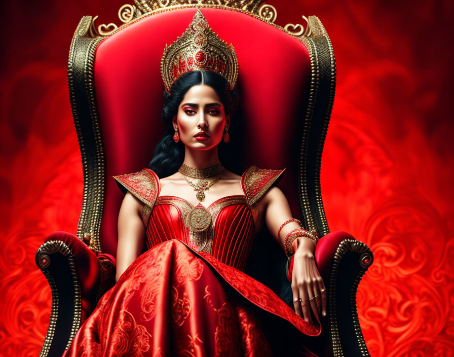 Regal woman on throne with crown and jewelry against red backdrop