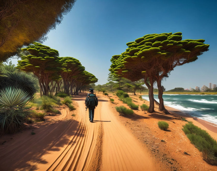 Backpacker walking on sandy path by green umbrella-shaped trees