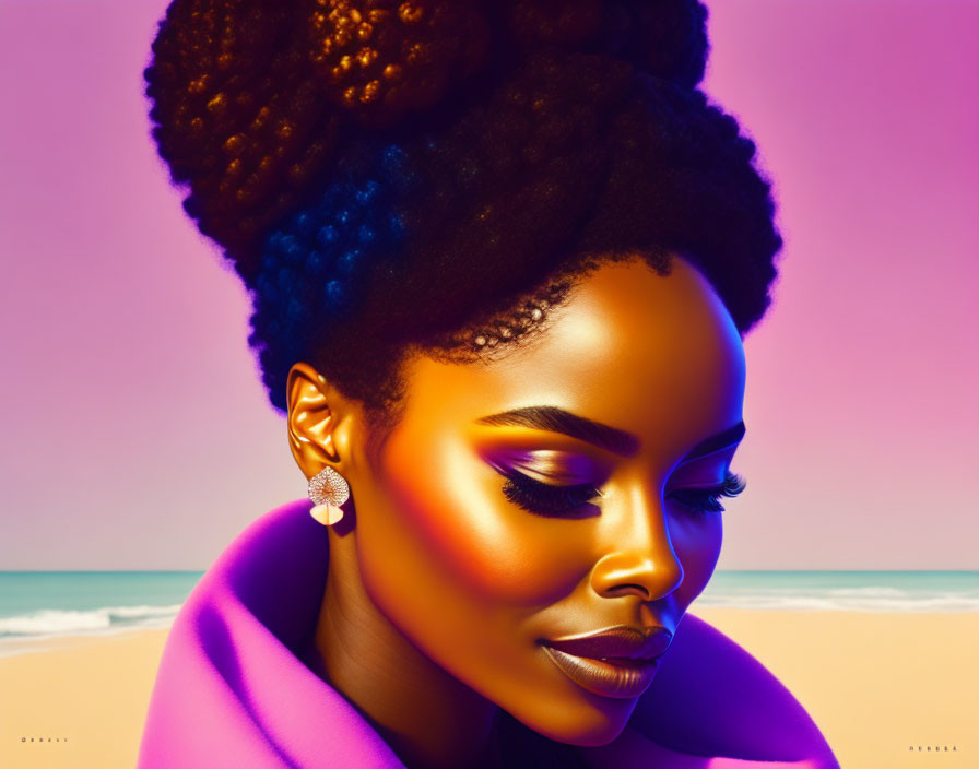 Vibrant Afro Woman with Striking Makeup on Beach Background