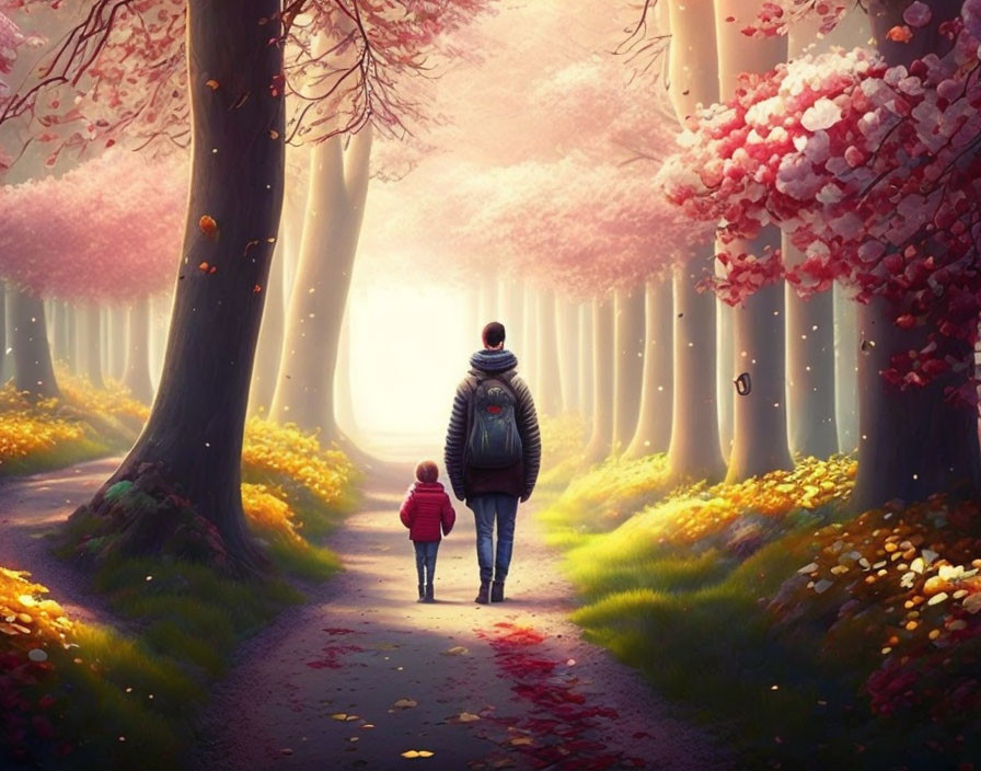 Adult and child walking on serene path with pink blossomed trees and golden foliage