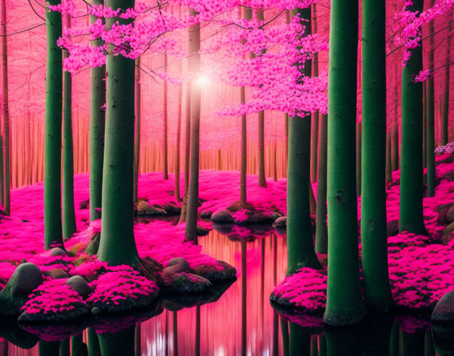 Tranquil pink forest with cherry blossoms and serene water reflection