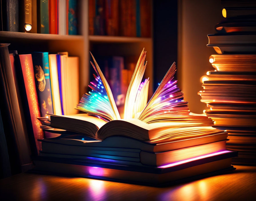 Colorful Glowing Pages of Open Book on Table with Stacks