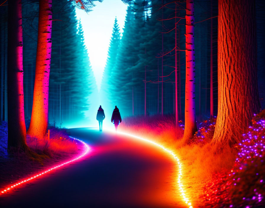 Silhouetted figures on neon-lit path in mystical forest