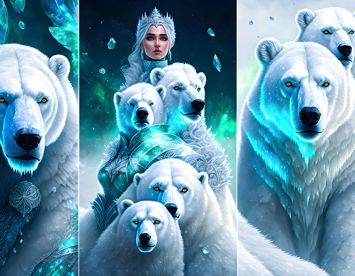 Fantasy illustration of woman with crown and polar bears in icy setting