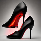 Black High-Heeled Shoes with Red Soles on Grey Gradient Background