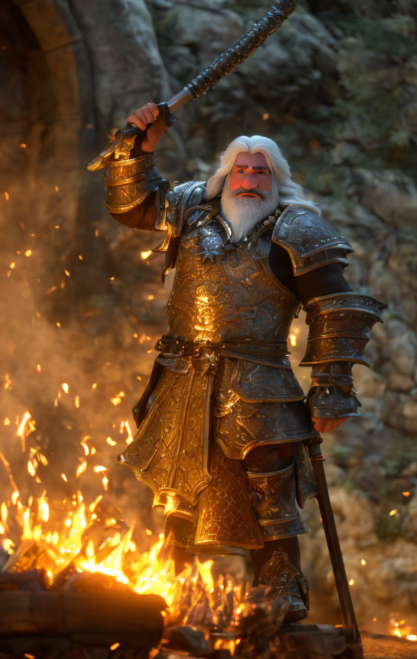 Elderly warrior in ornate armor wields sword in flames