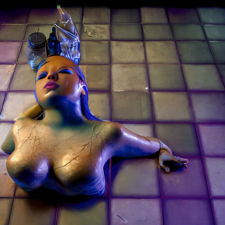 Exaggerated mannequin on tiled floor under purple lighting