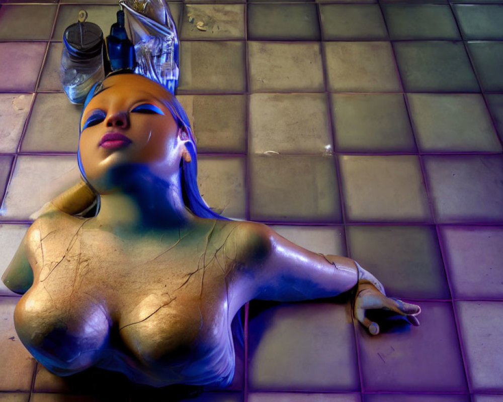 Exaggerated mannequin on tiled floor under purple lighting