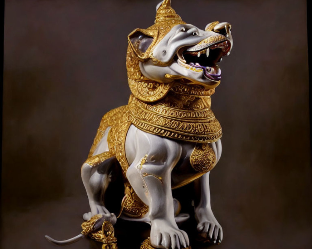 Golden mythical creature sculpture with lion-like body and elaborate headgear on dark backdrop