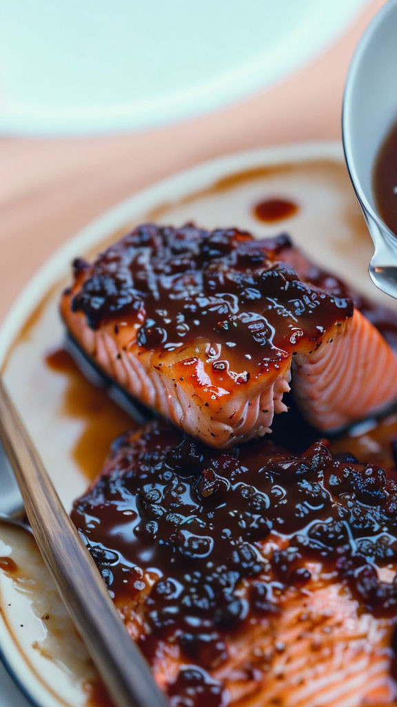 Grilled Salmon with Teriyaki Sauce on Oval Plate