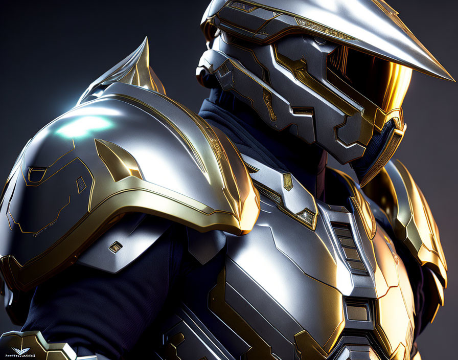 Futuristic warrior in blue and gold armor with glowing visor