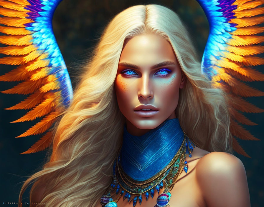 Fantasy image: Woman with blue eyes, long blond hair, orange and blue wings, freck