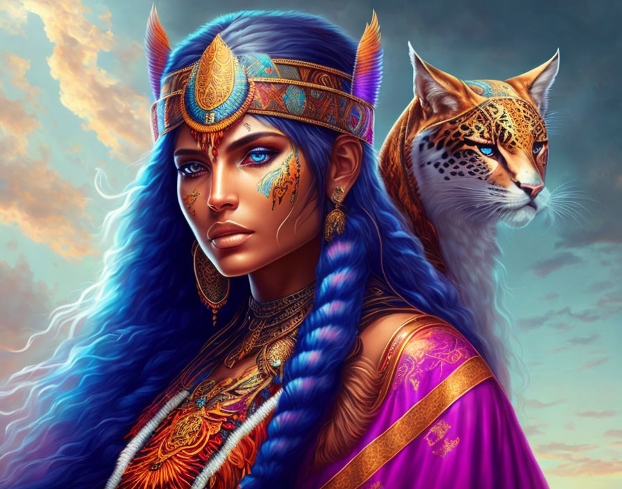 Fantasy illustration of woman with blue hair and tribal makeup next to spotted big cat