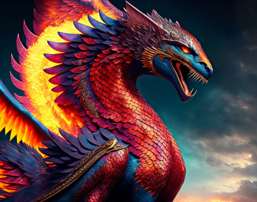 Colorful Dragon Roaring in Sunset Sky