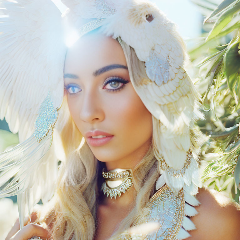 Elaborate Feathered Headdress and Ornate Jewelry in Natural Setting