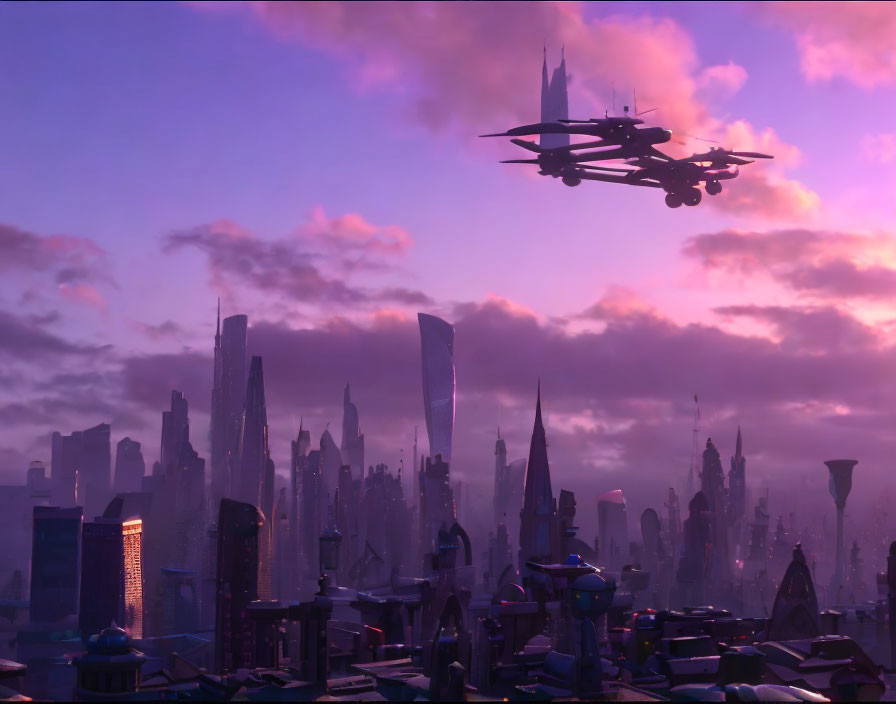 Futuristic cityscape with tall buildings and flying vehicle at dusk