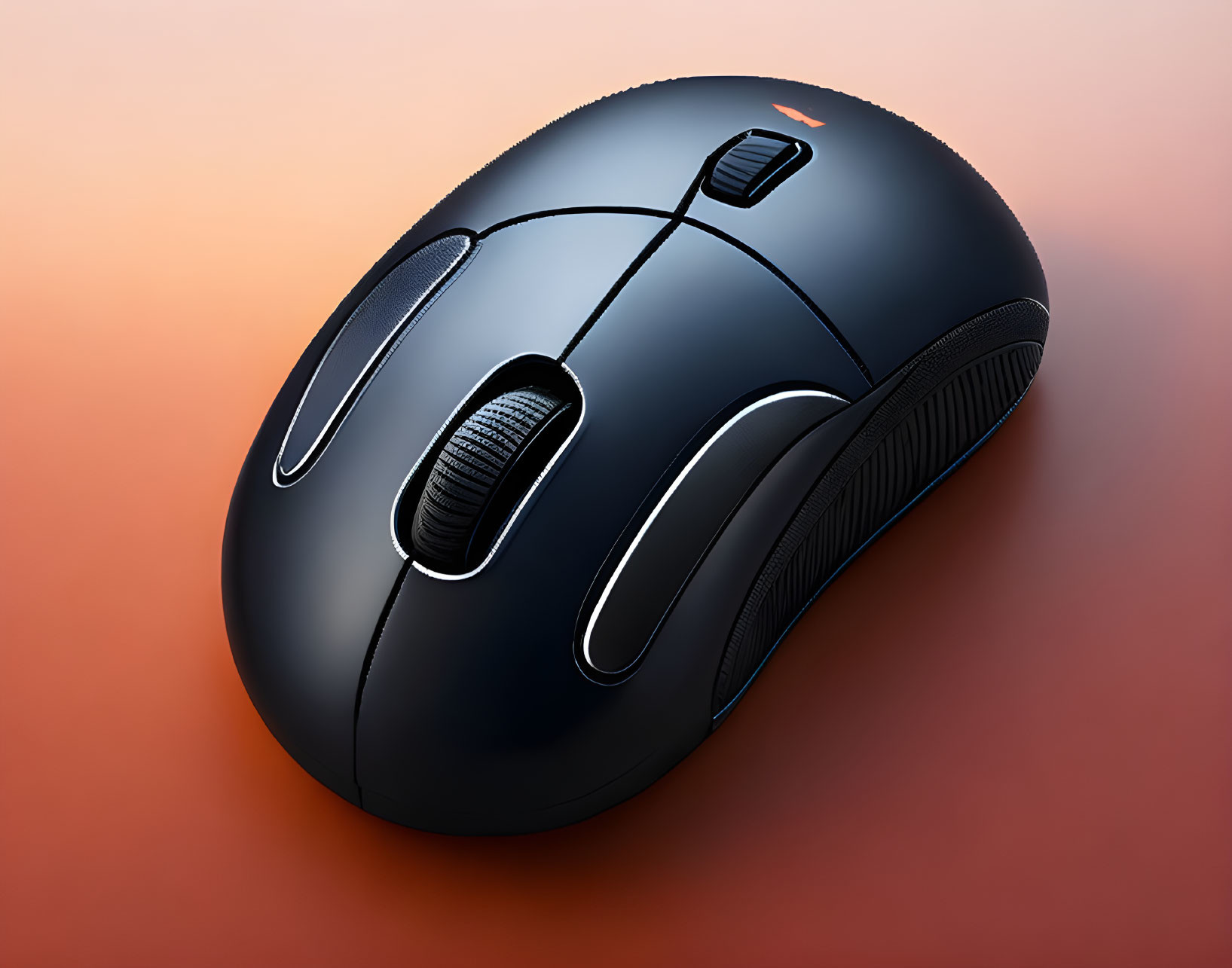 Wireless Black Mouse with Side Buttons on Orange Gradient Background