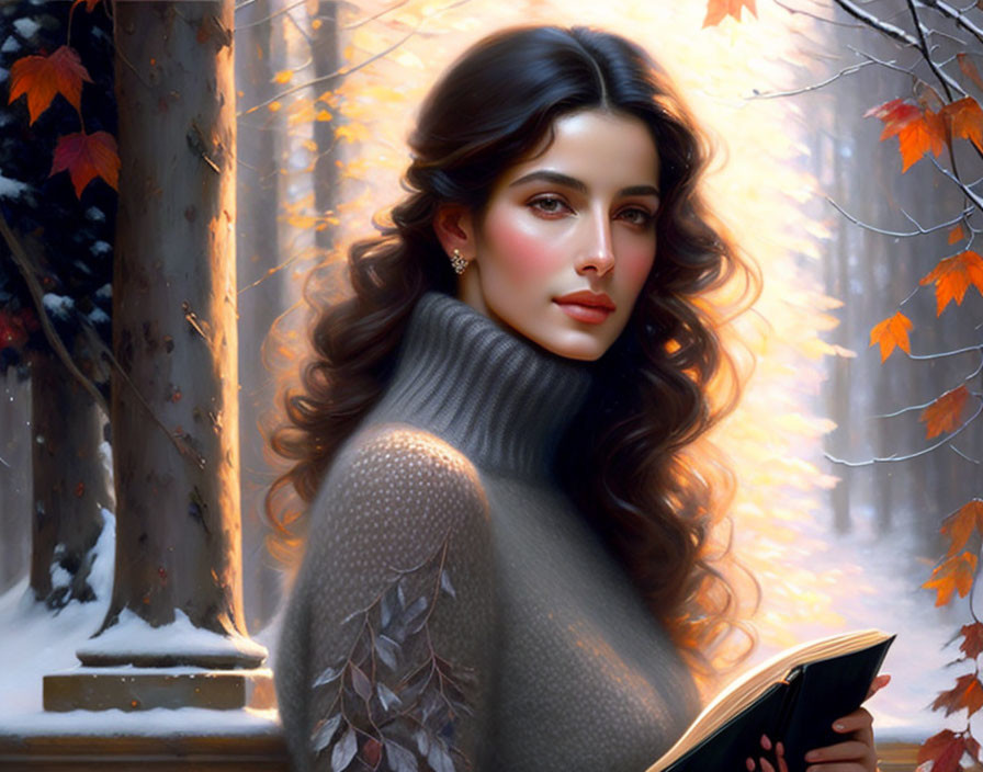 Woman with wavy hair in gray turtleneck holding book in snowy forest with autumn leaves