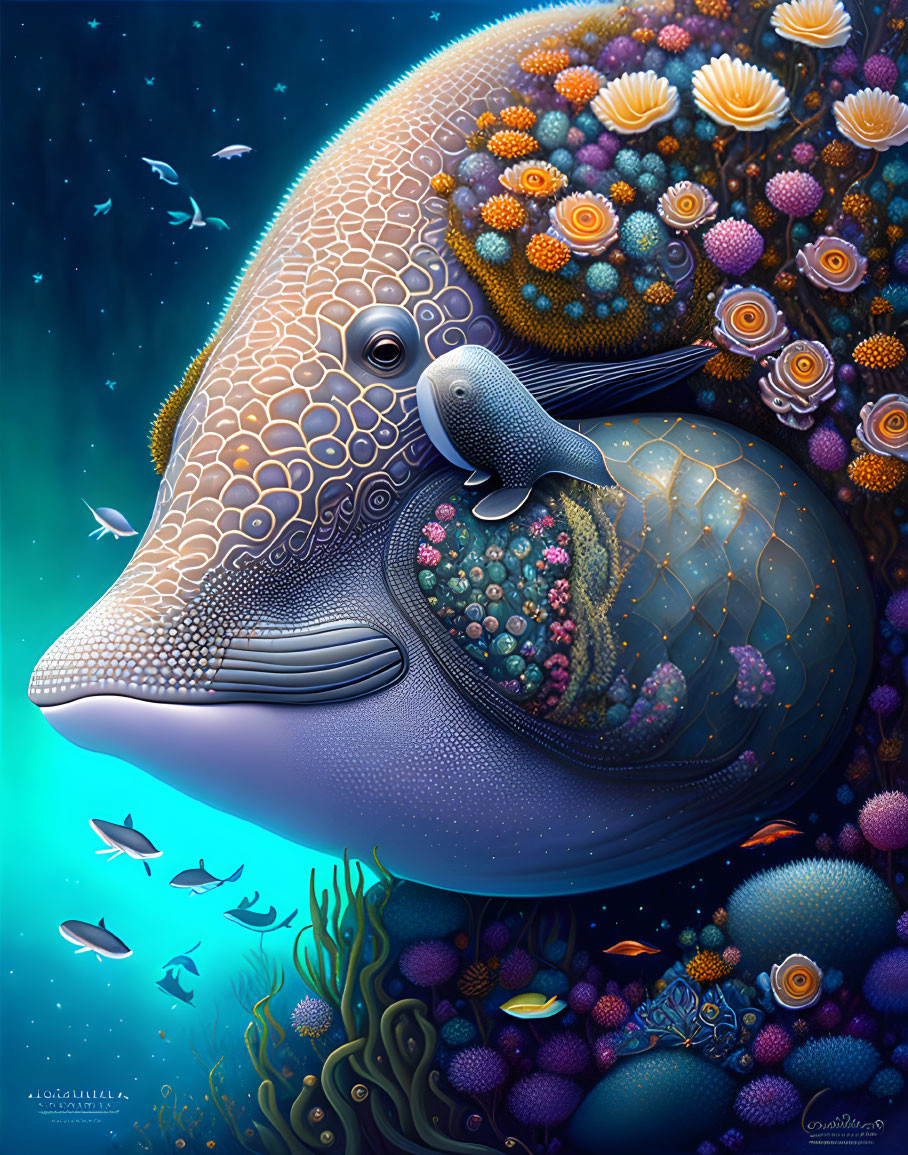 Colorful Mother and Baby Whale Illustration with Coral and Fish