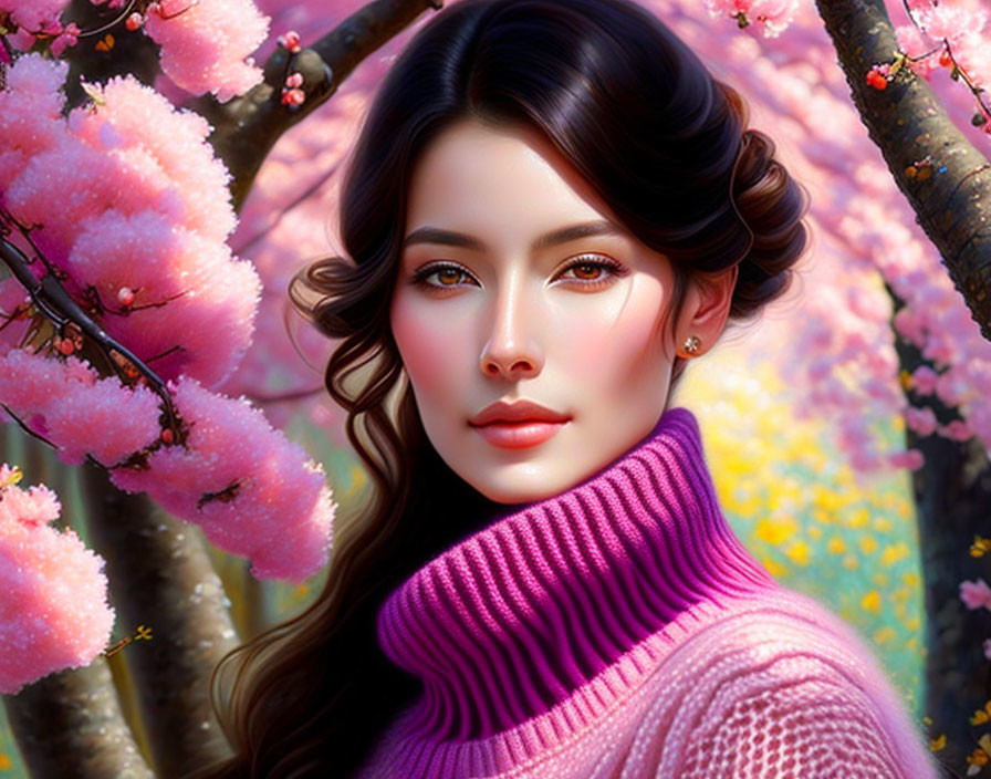 Dark-haired woman in pink turtleneck surrounded by cherry blossoms