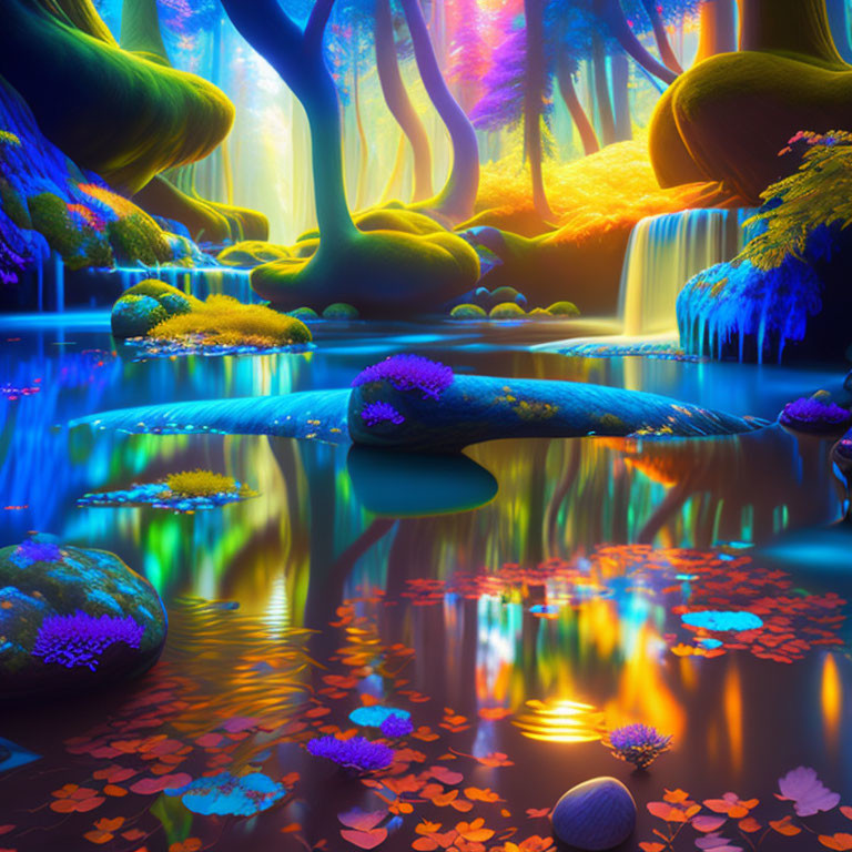 Fantastical neon forest with luminescent foliage and reflective waterway