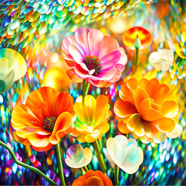 Colorful Flowers on Abstract Luminous Background with Circular Patterns