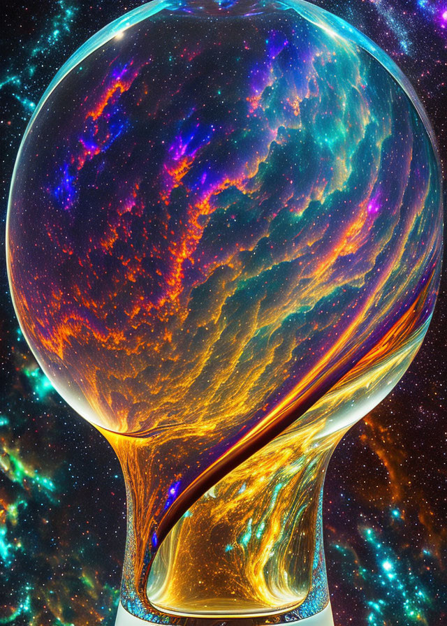 Cosmic-themed digital artwork: swirling galaxies and stars in hourglass.