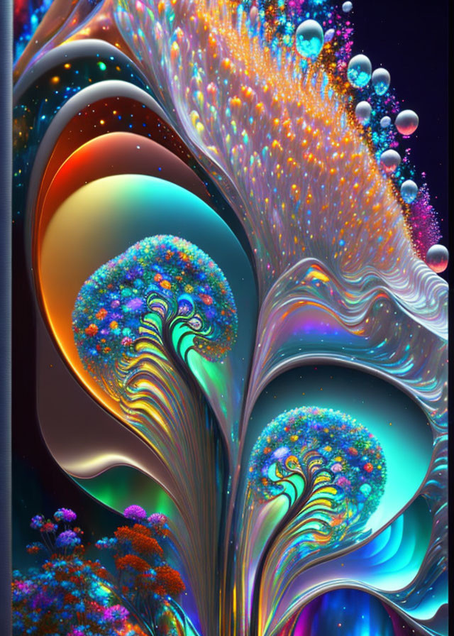 Colorful fractal design: flowing shapes, vivid colors, bubble-like spheres, tree-like structures,