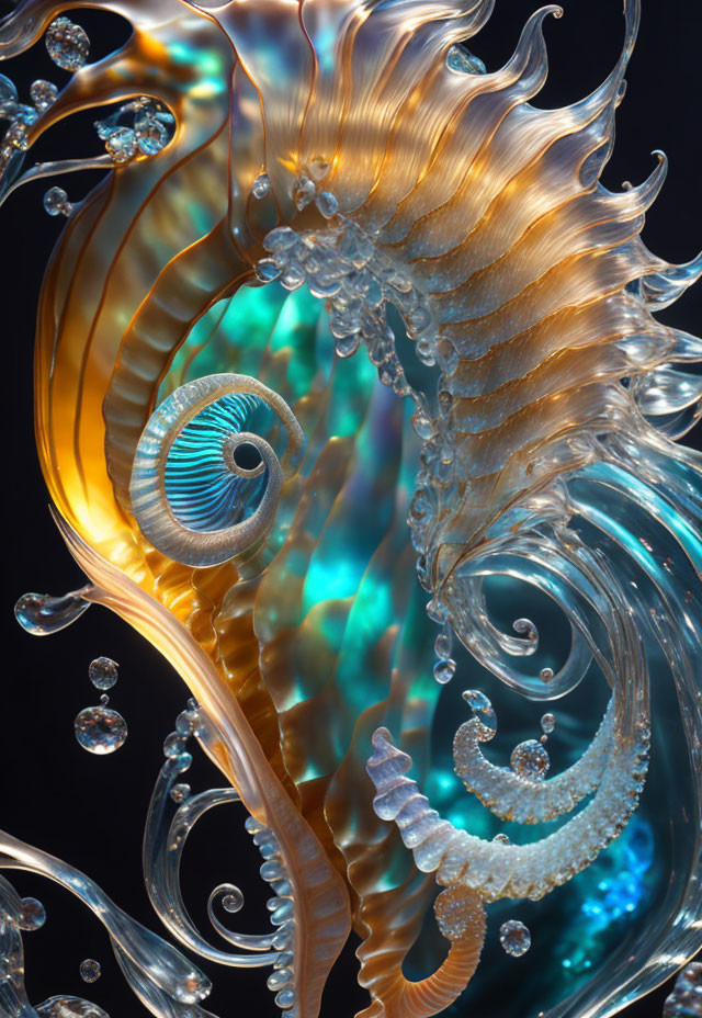 Translucent sea creature with spiral structures and flowing tentacles in iridescent colors